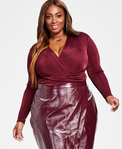Nina Parker Trendy Plus Size Crossover Bodysuit Trendy Plus Size Faux Leather Skirt Created For Macys In Burgundy