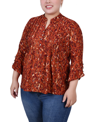 Ny Collection Plus Size 3/4 Sleeve Overlapped Bell Sleeve Y-neck Top In Rust Gold-tone Purple