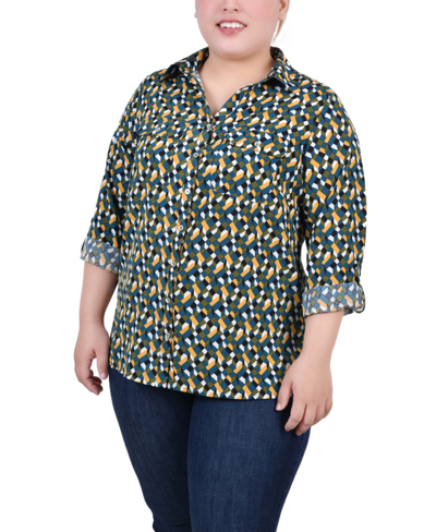 Ny Collection Plus Size 3/4 Sleeve Roll Tab Notch Collar Blouse In Deep Teal Banana Cube