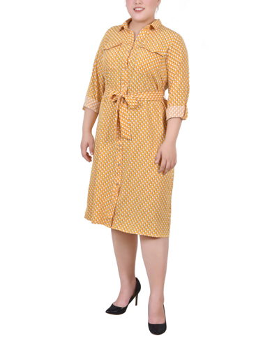 Ny Collection Plus Size Printed Shirt Dress In Gold-tone Bidotshade
