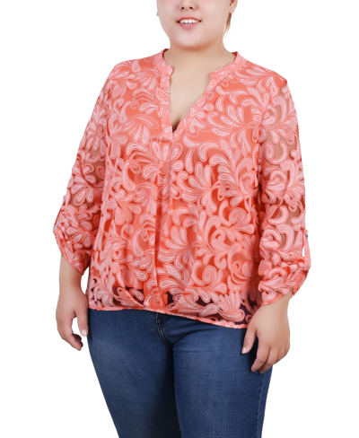 Ny Collection Plus Size Long Sleeve Burnout Y-neck Blouse In Klee Coral Scrolleaf