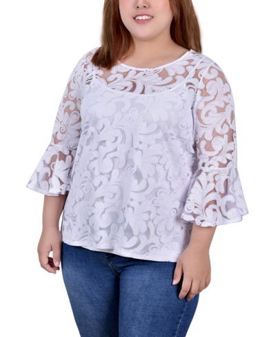 Ny Collection Plus Size Short Puff Sleeve Top With Lace Sleeves And Yoke In White