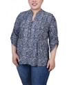 Ny Collection Petite 3/4 Roll Tab Sleeve Printed Pintuck Top In Navy Paisley