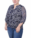 Ny Collection Plus Size Long Sleeve Burnout Y-neck Blouse In Navy Scrolleaf