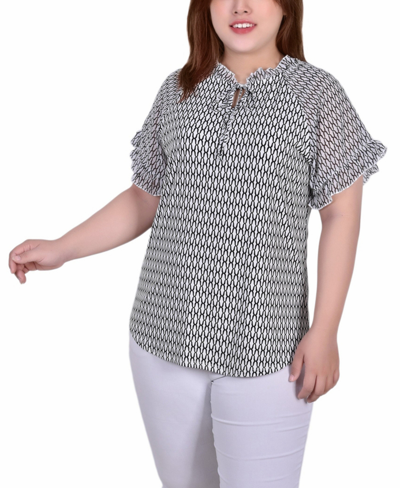Ny Collection Plus Size Short Ruffled Sleeve Crepe Knit Top With Chiffon Sleeves In Multi