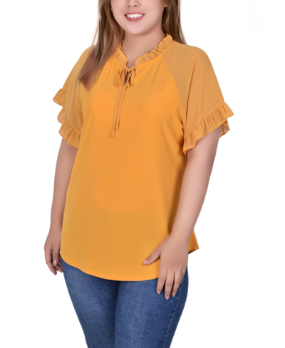 Ny Collection Plus Size Short Ruffled Sleeve Crepe Knit Top With Chiffon Sleeves In Kumquat
