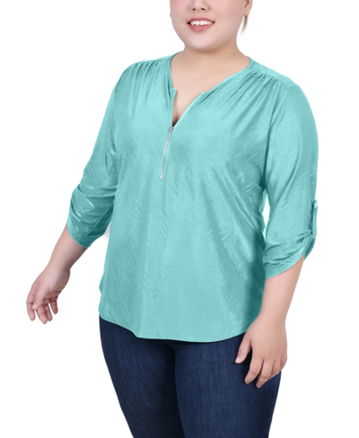 Ny Collection Plus Size 3/4 Roll Tab Zip Front Jacquard Knit Top In Bermuda Blue