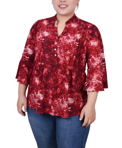 Ny Collection Plus Size Pleat Front Y-neck Top In Black Red Geobreeze