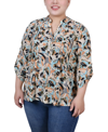 Ny Collection Plus Size 3/4 Roll Tab Sleeve Y-neck Top In Multi Abstract
