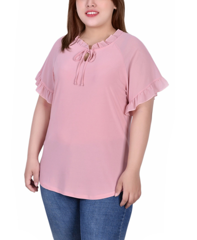 Ny Collection Plus Size Short Ruffled Sleeve Crepe Knit Top With Chiffon Sleeves In Lilas