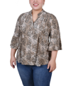 Ny Collection Petite 3/4 Bell Sleeve Printed Pleat Front Y-neck Top In Taupe Etch