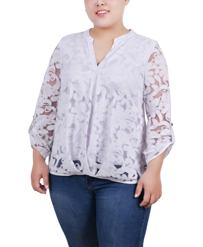Ny Collection Plus Size Long Sleeve Burnout Y-neck Blouse In White