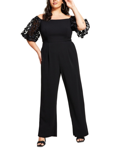 Xscape Plus Size Puffed-sleeve Off-the-shoulder Jumpsuit In Black