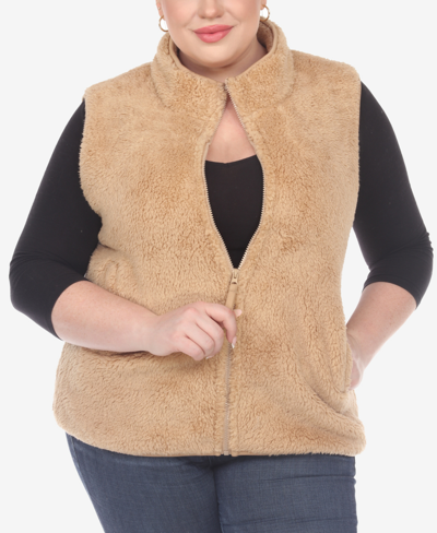 White Mark Plus Size Women's Zip Up Sherpa Vest Jacket In Camel