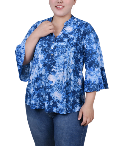 Ny Collection Plus Size Pleat Front Y-neck Top In Blue Flower
