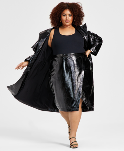 Nina Parker Trendy Plus Size Faux Leather Trench Coat Bodysuit Skirt In Black Beauty