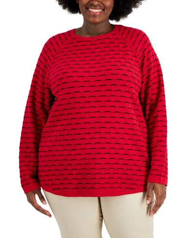 Karen Scott Plus Size Cotton Textured Raglan-sleeve Sweater, Created For Macy's In New Red Amore Combo