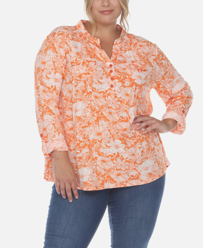 White Mark Plus Size Pleated Long Sleeve Floral Print Blouse In Orange