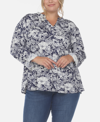 White Mark Plus Size Pleated Long Sleeve Floral Print Blouse In Navy