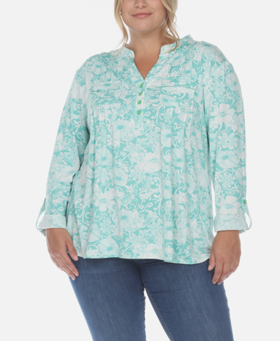 White Mark Plus Size Pleated Long Sleeve Floral Print Blouse In Mint