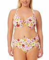 California Waves Plus Size Floral-print Cross-back Bikini Top, Created For Macy's Women's Swimsuit In Floral Flutter White Multi