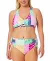 California Waves Salt Cove Plus Size Over The Shoulder Patchwork Bikini Top Bikini Bottoms In Boho Bliss Multi
