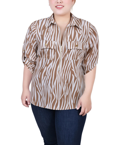 Ny Collection Plus Size Roll Tab Sleeve Zip Front Top In Antique White Animal