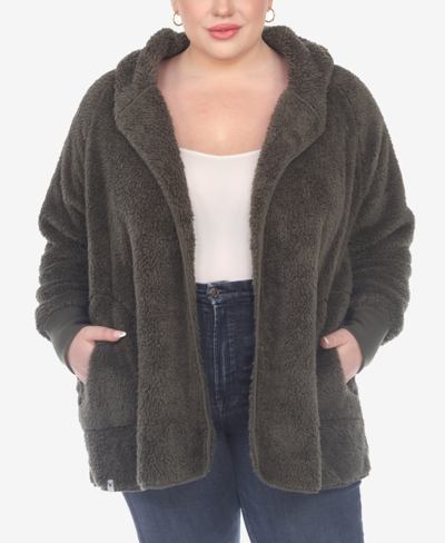 White Mark Plus Size Plush Hooded Cardigan Jacket With Pockets In Army Green