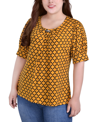 Ny Collection Petite Size Short Sleeve Balloon Sleeve Top In Golden-tone Glow/black Fleur Delis