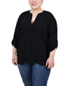 Ny Collection Plus Size Raglan Sleeve Split Neck Blouse In Black