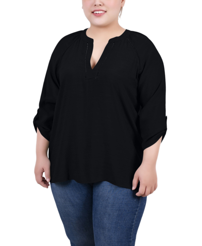 Ny Collection Plus Size Raglan Sleeve Split Neck Blouse In Black