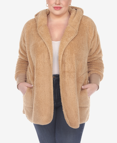 White Mark Plus Size Plush Hooded Cardigan Jacket With Pockets In Camel