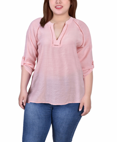 Ny Collection Plus Size Raglan Sleeve Split Neck Blouse In Shell Pink