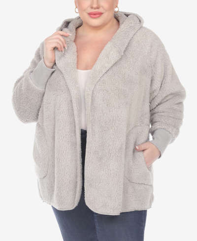 White Mark Plus Size Plush Hooded Cardigan Jacket With Pockets In Grey