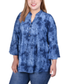 Ny Collection Plus Size Pleat Front Y-neck Top In Denim Tie Dye