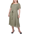 Ny Collection Plus Size Short Sleeve Belted Swiss Dot Dress In Oil Green Rectangle
