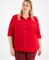 Tommy Hilfiger Plus Size Roll-tab-sleeve Button-down Emblem Shirt In Scarlet