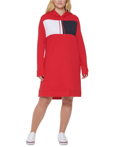 Tommy Hilfiger Plus Size Colorblocked Hoodie Dress In Scarlet
