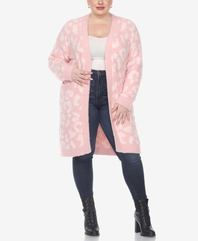 White Mark Plus Size Leopard Print Open Front Sherpa Sweater In Pink,light Pink Stars