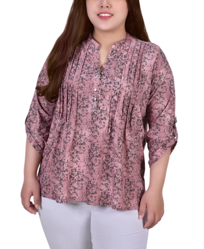 Ny Collection Plus Size 3/4 Roll Tab Sleeve Y-neck Top In Mauve Floral