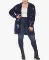 White Mark Plus Size Hooded Open Front Sherpa Sweater In Navy/light Blue Stars
