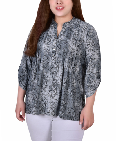 Ny Collection Plus Size 3/4 Roll Tab Sleeve Y-neck Top In Gray Floral