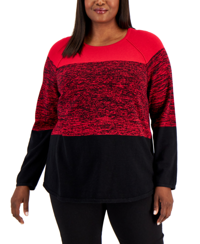 Karen Scott Plus Size Colorblocked Curved Hem Sweater, Created For Macy's In New Red Amore