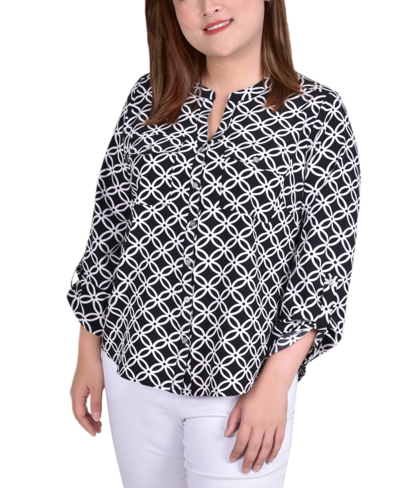 Ny Collection Plus Size 3/4 Sleeve Roll Tab Y Neck Blouse In Black White Iconic