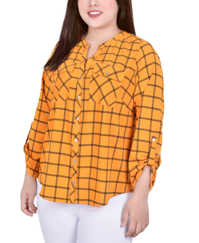 Ny Collection Plus Size 3/4 Sleeve Roll Tab Y Neck Blouse In Golden-tone Glow And Black Roomtile