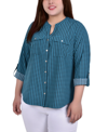 Ny Collection Plus Size 3/4 Sleeve Roll Tab Y Neck Blouse In Fanfare W/black Herringbone