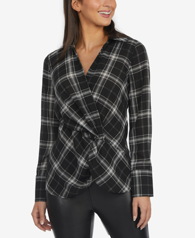 Laundry By Shelli Segal V-neck Plaid Print Crossover Blouse In Black/ivory Plaid