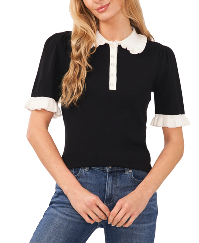 Cece Women's Cotton Ruffle-collar Short-sleeve Top In Rich Black
