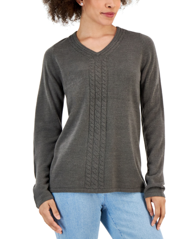 Karen Scott Women's V-neck Front-cable Sweater, Created For Macy's In Charcoal Heather
