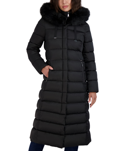 Tahari Womens Maxi Shine Bibbed Faux-fur-trimmed Hooded Puffer Coat In Black